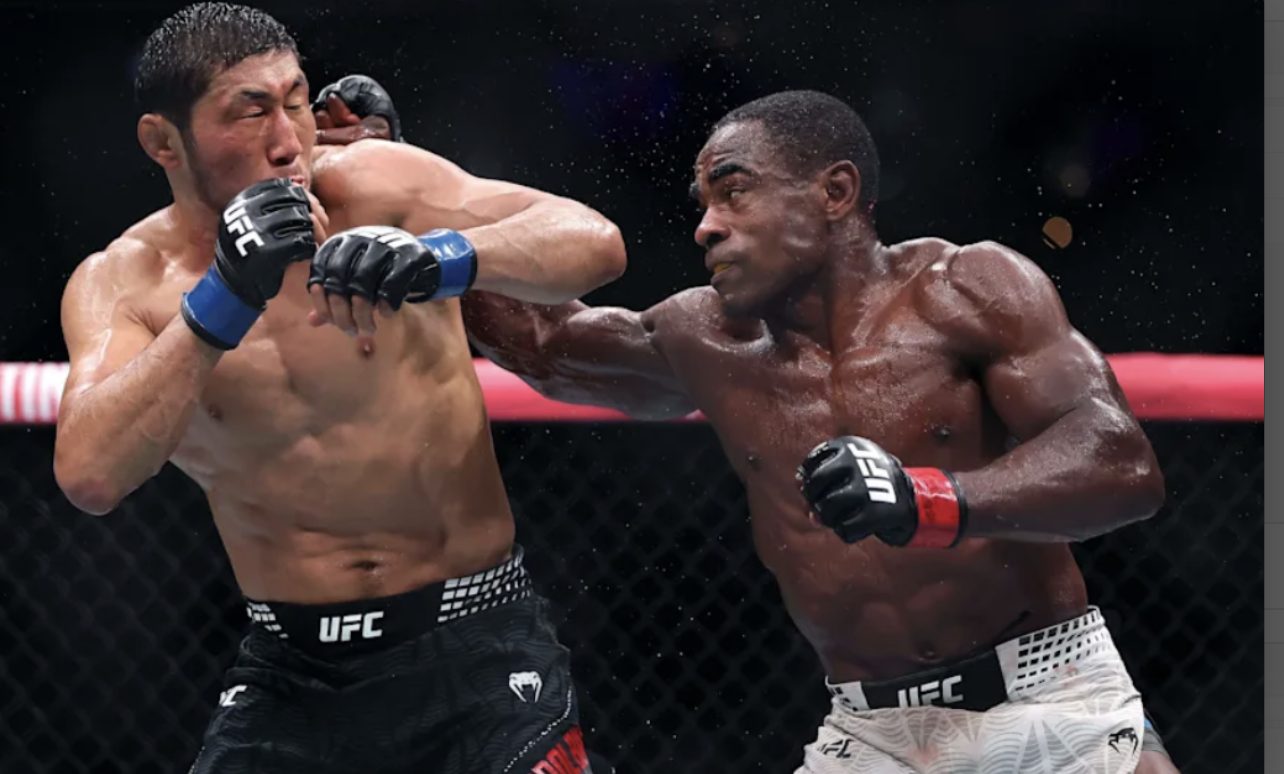 A straight punch lands flush in a UFC bout